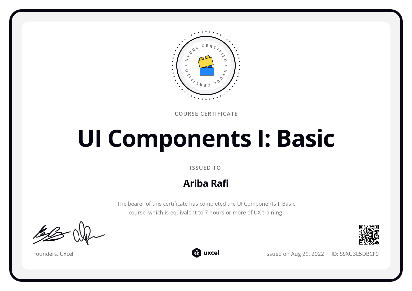 Ariba Rafi's certificate